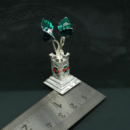 Handmade 925 sterling silver mini Tulsi basil plant rosary for puja temple, crafted by Tribal Ornaments with intricate silver design.