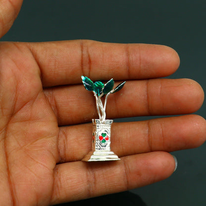Handmade 925 sterling silver mini Tulsi basil plant rosary for puja temple, detailed silver utensils and art from Tribal Ornaments.