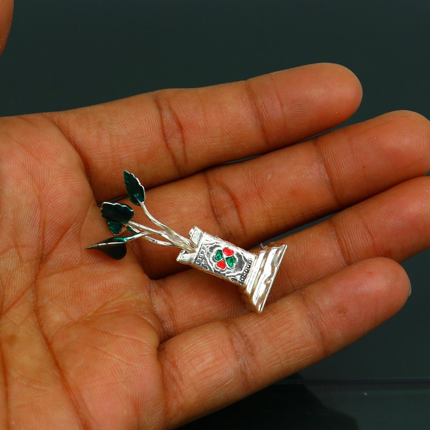 Unique 925 sterling silver handmade mini tulsi plant basil rosary plant, puja temple article, customized silver utensils article art su221 - TRIBAL ORNAMENTS