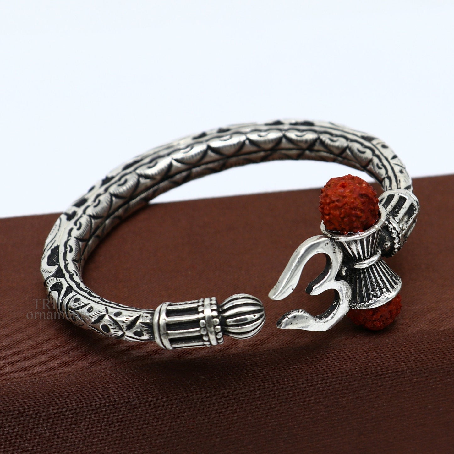 Unique handmade nakshi work 925 sterling silver trident kada, trishul kada, bahubali kada bangle bracelet for both men's and girl's nsk461 - TRIBAL ORNAMENTS