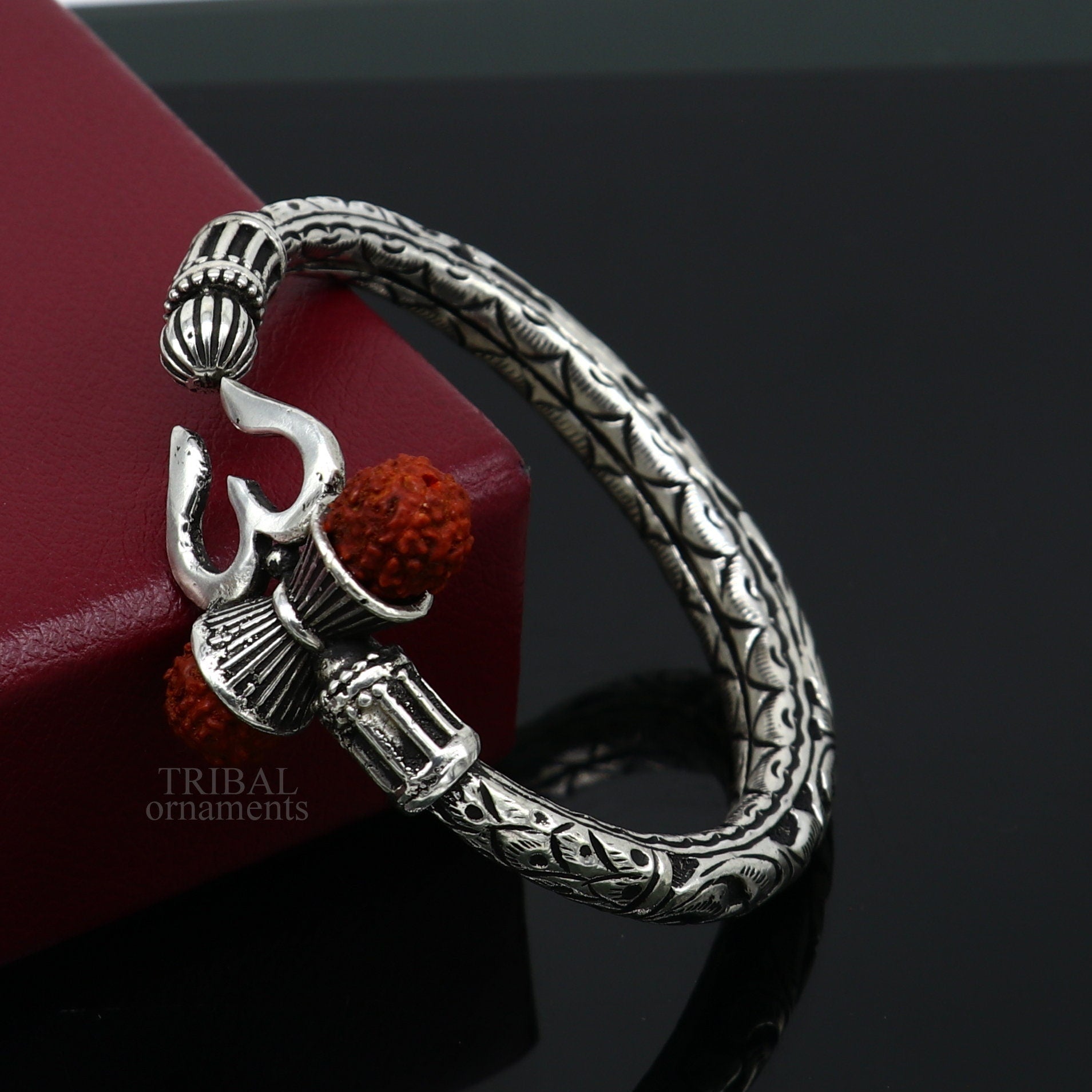 Unique handmade nakshi work 925 sterling silver trident kada, trishul kada, bahubali kada bangle bracelet for both men's and girl's nsk461 - TRIBAL ORNAMENTS