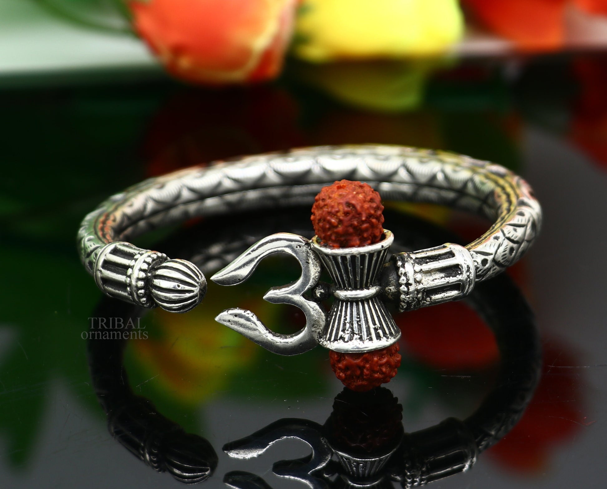 Unique handmade nakshi work 925 sterling silver trident kada, trishul kada, bahubali kada bangle bracelet for both men's and girl's nsk461 - TRIBAL ORNAMENTS