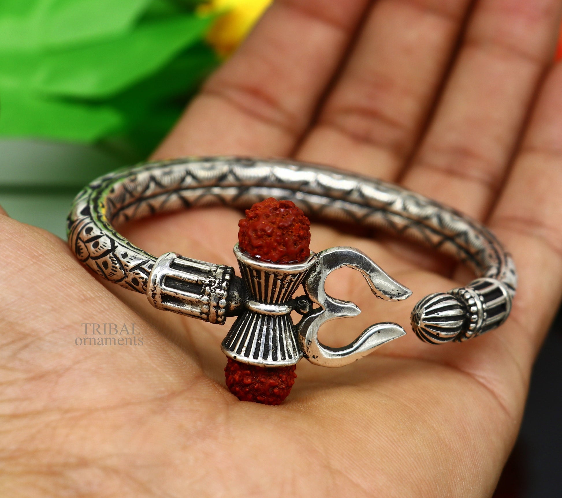 Unique handmade nakshi work 925 sterling silver trident kada, trishul kada, bahubali kada bangle bracelet for both men's and girl's nsk461 - TRIBAL ORNAMENTS
