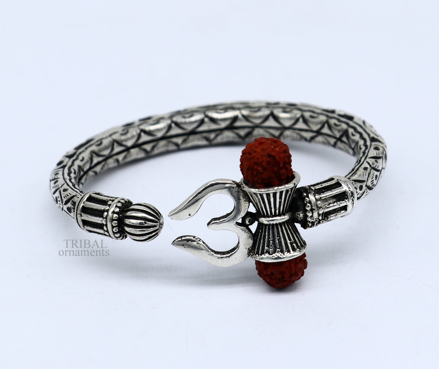 Unique handmade nakshi work 925 sterling silver trident kada, trishul kada, bahubali kada bangle bracelet for both men's and girl's nsk461 - TRIBAL ORNAMENTS