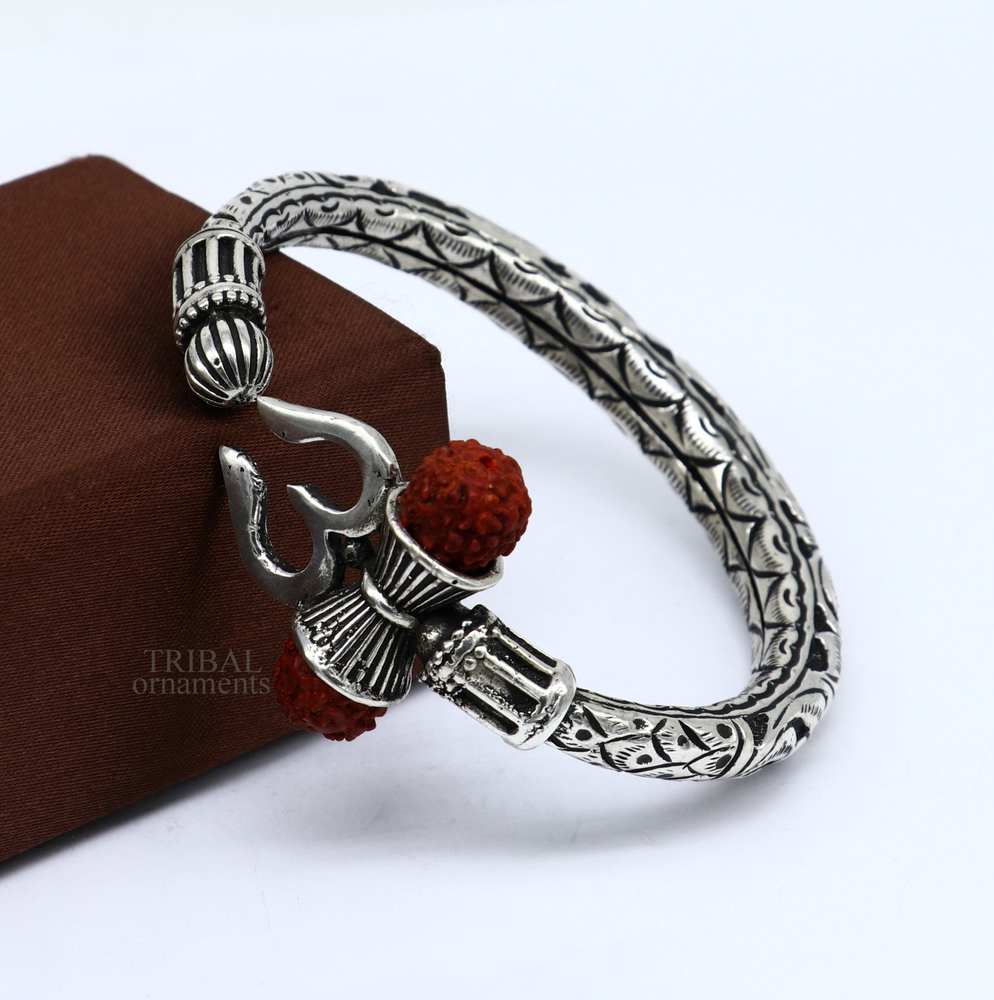 Unique handmade nakshi work 925 sterling silver trident kada, trishul kada, bahubali kada bangle bracelet for both men's and girl's nsk461 - TRIBAL ORNAMENTS
