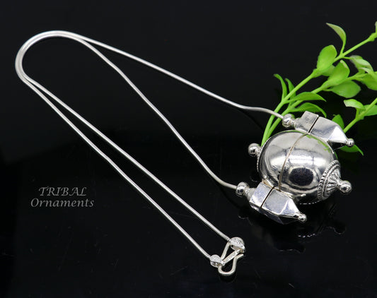 Unique handmade solid sterling silver chain and Shiva lingam box, box pendant necklace set, container pendant tribal jewelry India set491 - TRIBAL ORNAMENTS