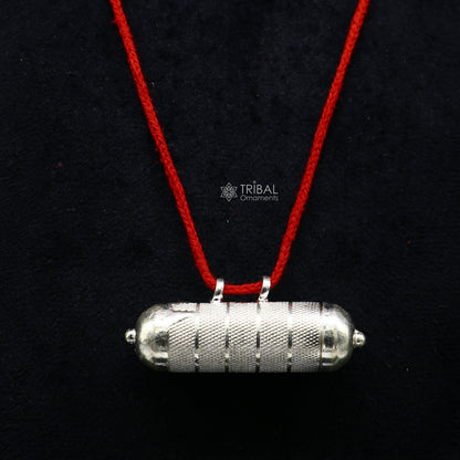 Sterling silver vintage amulet box pendant with round shape, tribal jewelry style, featuring intricate mantras and tabiz design.