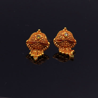 Vintage 22Kt yellow gold filigree stud earrings by Tribal Ornaments, handcrafted tribal designer jewelry for women.