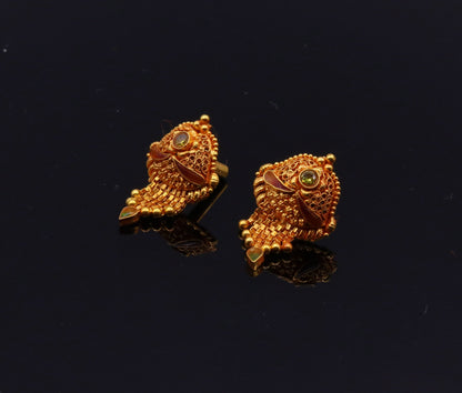Vintage 22Kt yellow gold filigree stud earrings by TRIBAL ORNAMENTS, handmade tribal designer jewelry for women.