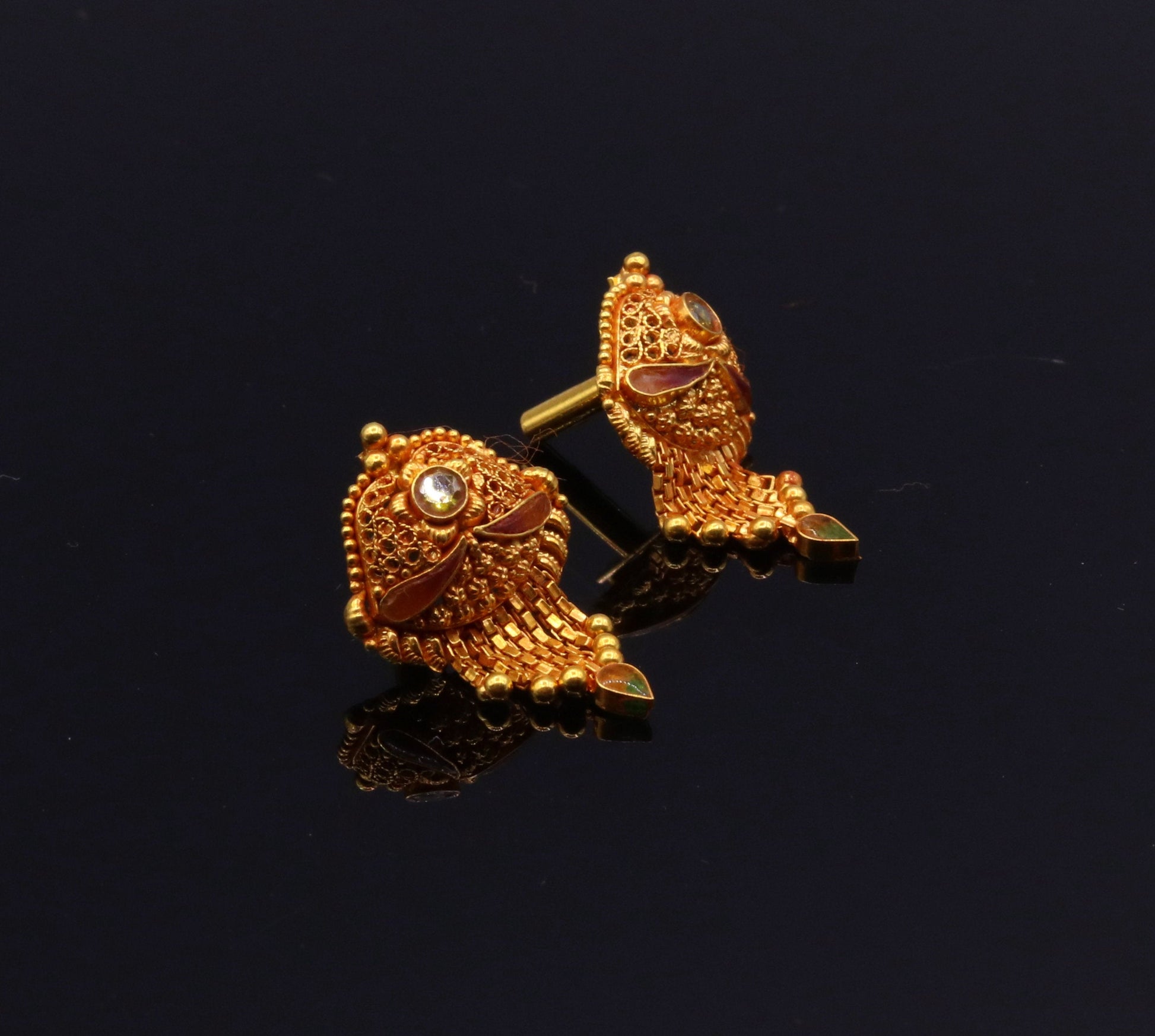Vintage antique 22karat yellow gold handmade filigree work designer stud earrings pair women's tribal jewelry - TRIBAL ORNAMENTS