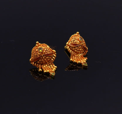 Vintage 22Kt yellow gold filigree stud earrings by TRIBAL ORNAMENTS, handmade tribal jewelry for women with intricate design.