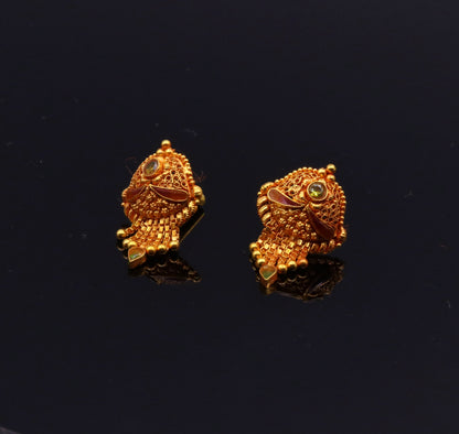 Vintage 22K yellow gold filigree stud earrings by TRIBAL ORNAMENTS, handcrafted tribal designer jewelry for women.