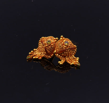 Vintage 22K yellow gold filigree stud earrings by TRIBAL ORNAMENTS, featuring intricate handmade tribal jewelry design for women.