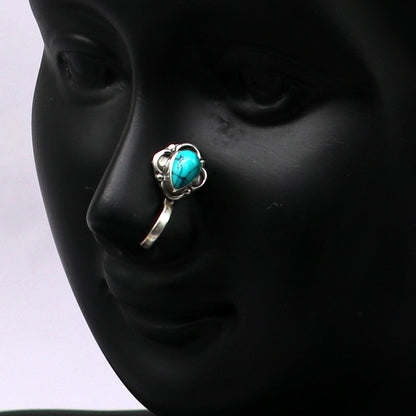 Vintage antique design 925 sterling silver customized single stone oxidized nose pin, nose plug, clip on nose pin, fabulous party wear np107 - TRIBAL ORNAMENTS