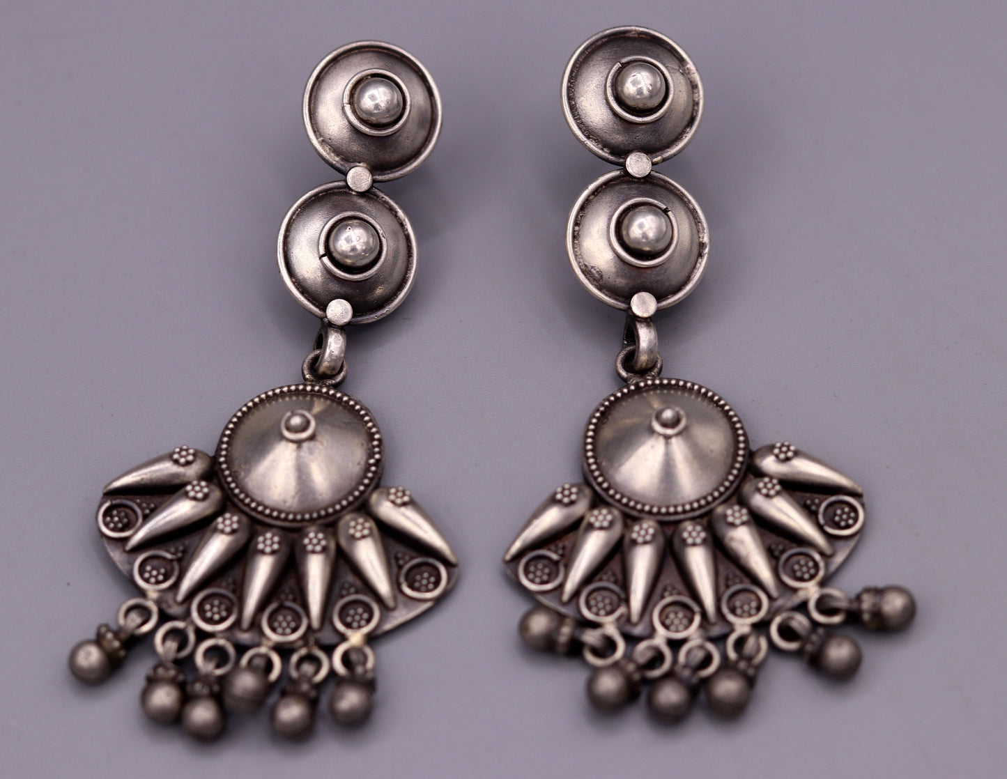 Vintage antique-style 925 sterling silver drop chandelier earrings with tribal design, perfect for belly dance jewelry from India.