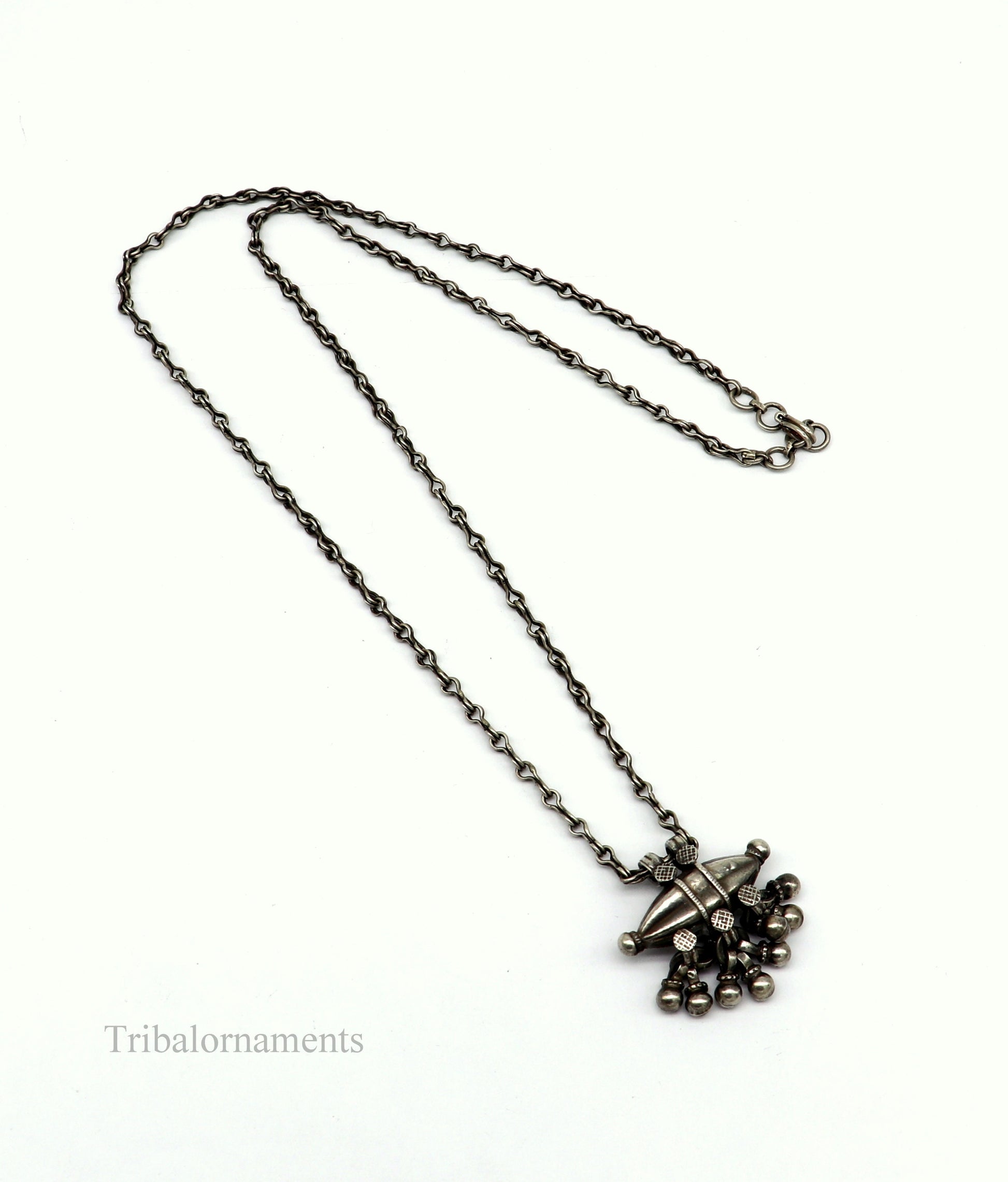 Vintage tribal 925 sterling silver necklace with a detailed pendant, 26 inches long, handmade ethnic jewelry by TRIBAL ORNAMENTS.
