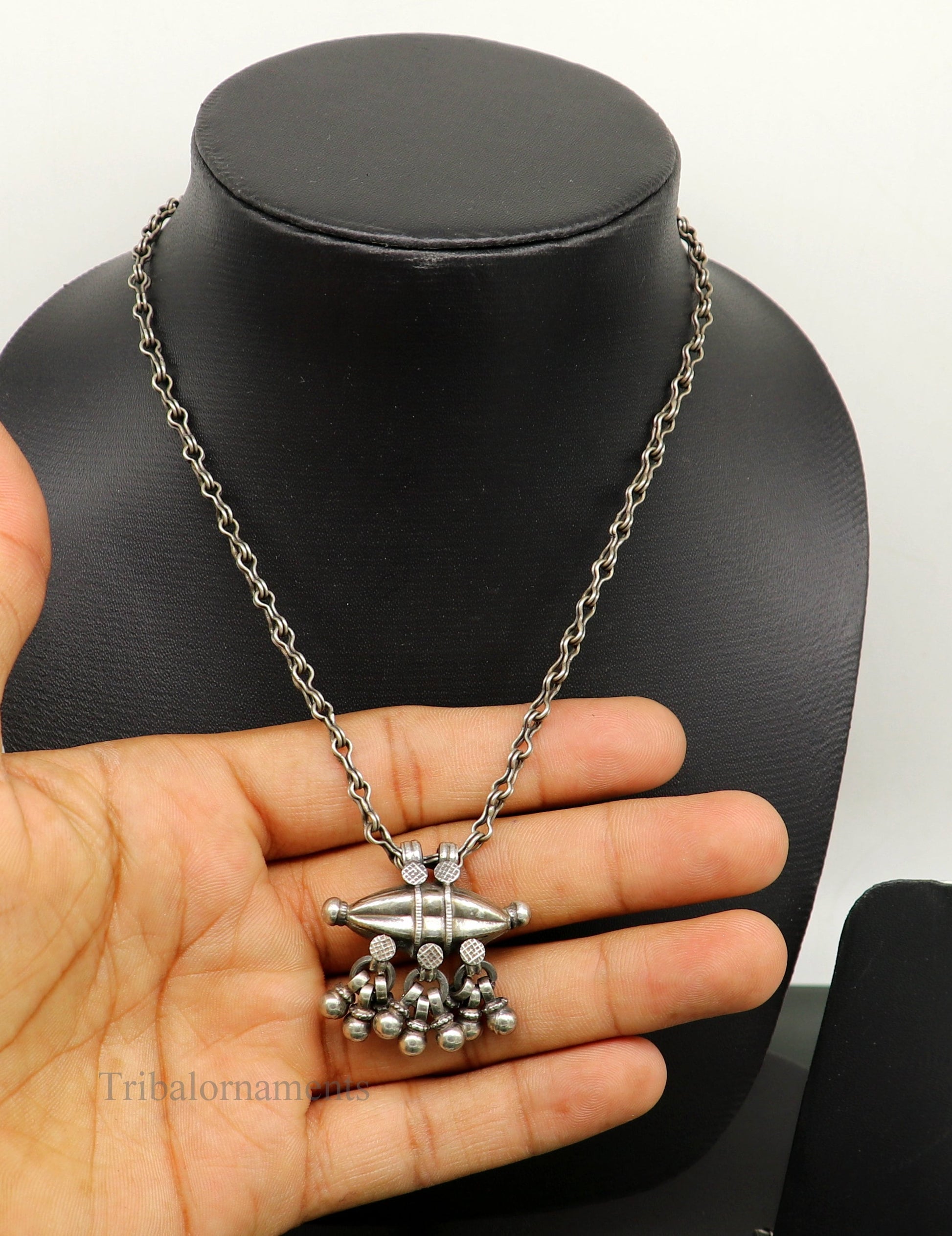 Vintage antique-style 925 sterling silver necklace with a pendant, 26 inches long, tribal and ethnic jewelry by TRIBAL ORNAMENTS.
