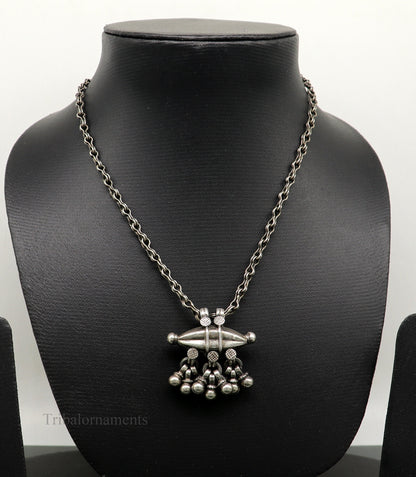 Vintage antique 925 sterling silver tribal necklace with a pendant, 26 inches long, handcrafted ethnic jewelry by Tribal Ornaments.