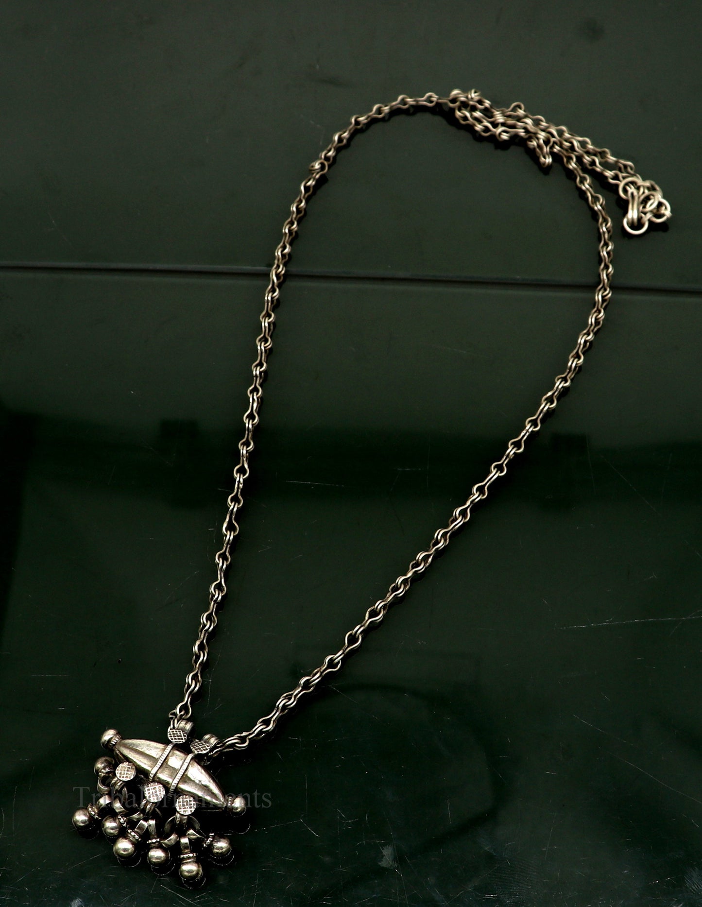 Vintage antique 925 sterling silver necklace with a pendant, 26 inches long, showcasing tribal ethnic jewelry style.