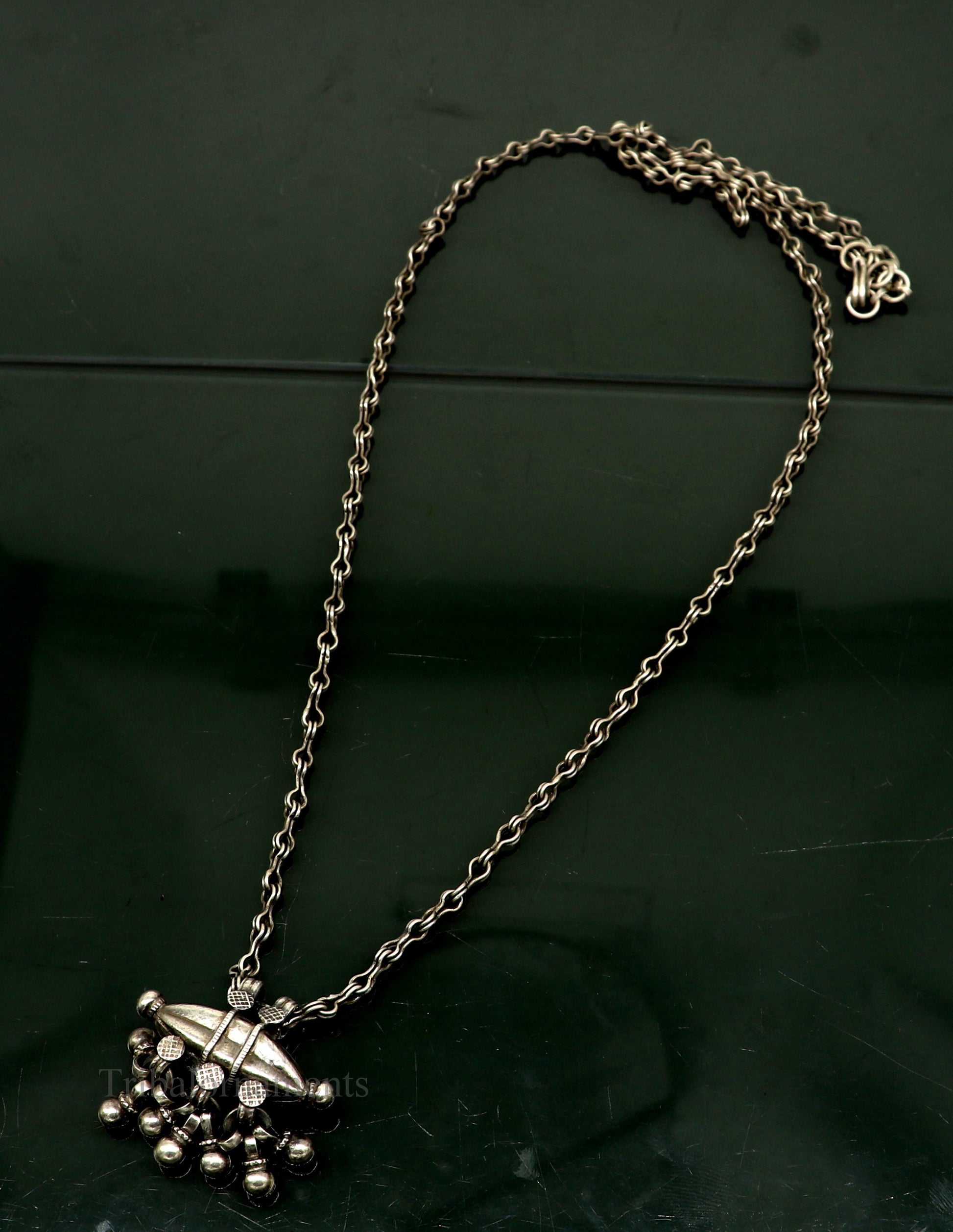 Vintage antique 925 sterling silver necklace with a pendant, 26 inches long, showcasing tribal ethnic jewelry style.