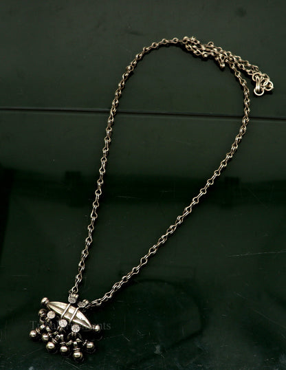 Vintage antique 925 sterling silver necklace with a pendant, 26 inches long, showcasing tribal ethnic jewelry style.