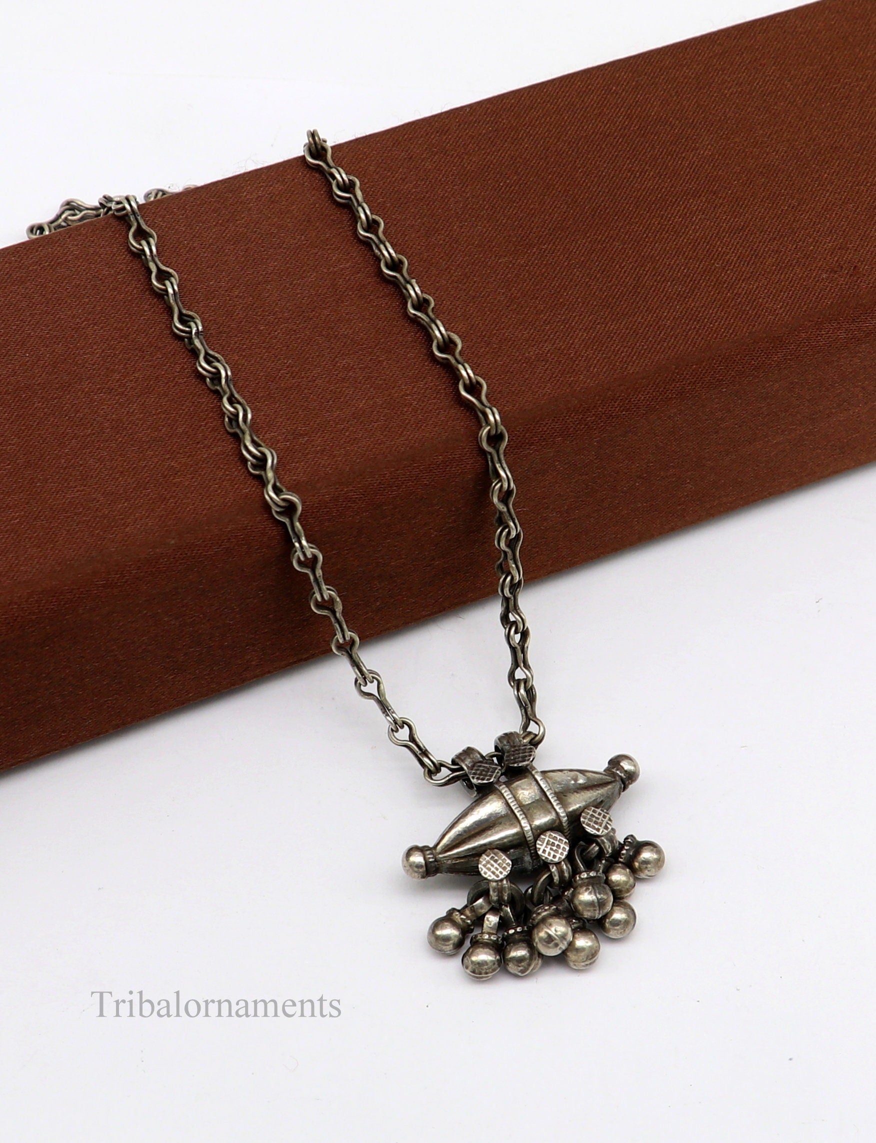 Vintage tribal sterling silver 26-inch necklace with a handcrafted pendant, ethnic jewelry by TRIBAL ORNAMENTS.
