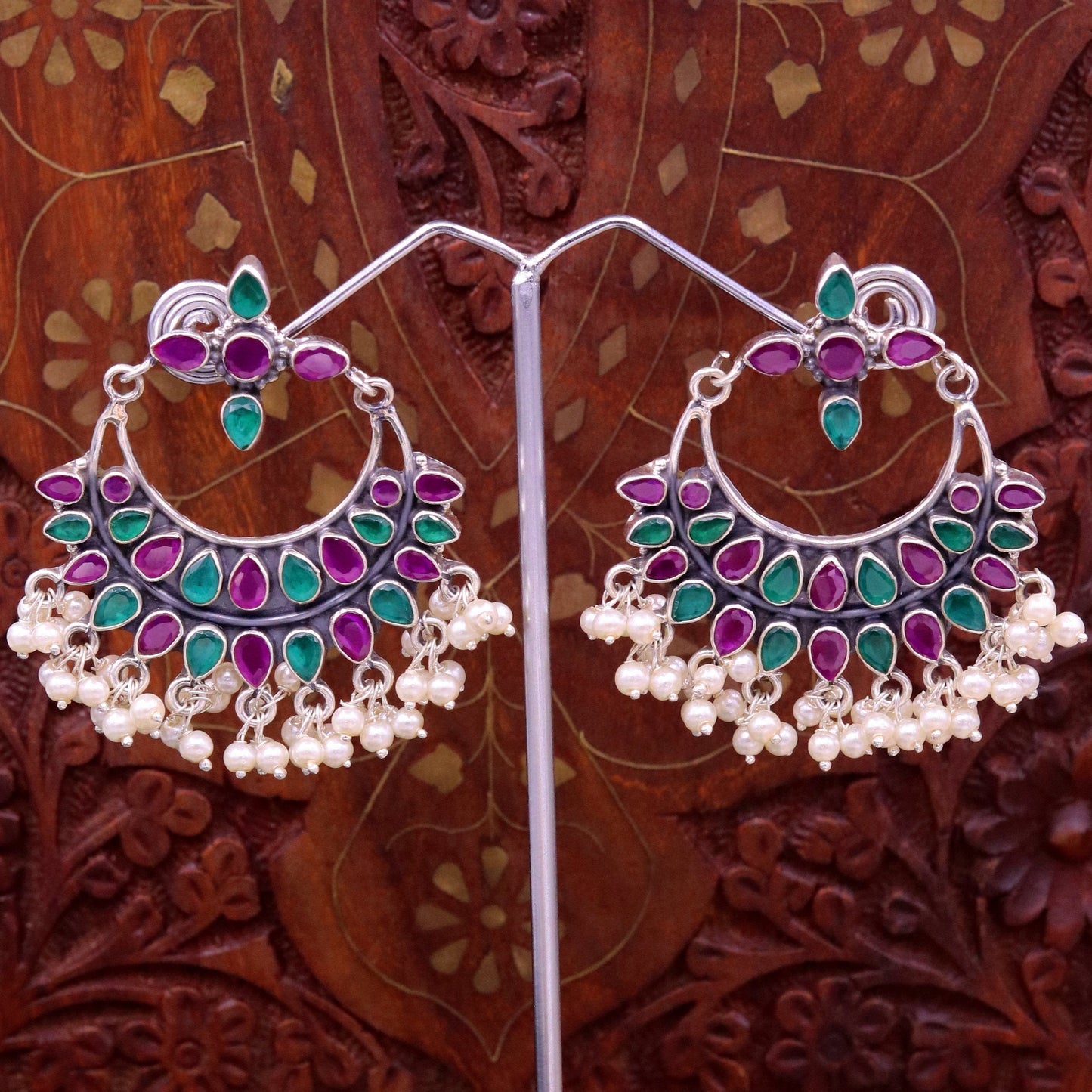 Vintage antique design 925 sterling silver handmade stud earrings drop dangle charm earring excellent hanging pearl belly dance jewelry s717 - TRIBAL ORNAMENTS