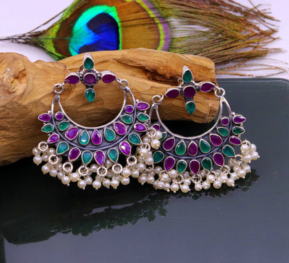 Vintage antique design 925 sterling silver handmade stud earrings drop dangle charm earring excellent hanging pearl belly dance jewelry s717 - TRIBAL ORNAMENTS