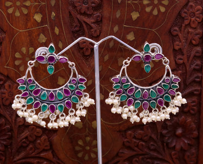 Vintage antique design 925 sterling silver handmade stud earrings drop dangle charm earring excellent hanging pearl belly dance jewelry s717 - TRIBAL ORNAMENTS