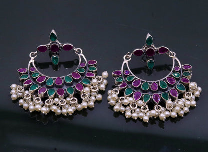Vintage antique design 925 sterling silver handmade stud earrings drop dangle charm earring excellent hanging pearl belly dance jewelry s717 - TRIBAL ORNAMENTS