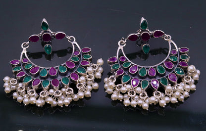 Vintage antique design 925 sterling silver handmade stud earrings drop dangle charm earring excellent hanging pearl belly dance jewelry s717 - TRIBAL ORNAMENTS