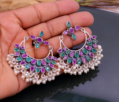 Vintage antique design 925 sterling silver handmade stud earrings drop dangle charm earring excellent hanging pearl belly dance jewelry s717 - TRIBAL ORNAMENTS