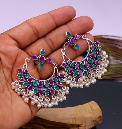 Vintage antique design 925 sterling silver handmade stud earrings drop dangle charm earring excellent hanging pearl belly dance jewelry s717 - TRIBAL ORNAMENTS
