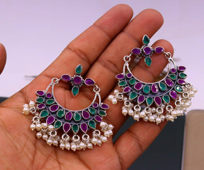 Vintage antique design 925 sterling silver handmade stud earrings drop dangle charm earring excellent hanging pearl belly dance jewelry s717 - TRIBAL ORNAMENTS
