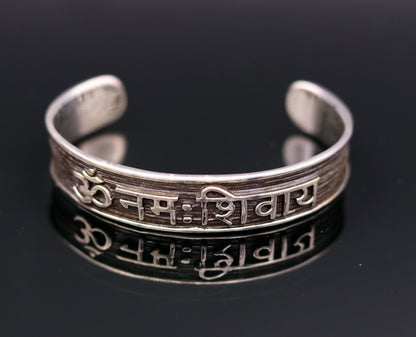 Unisex 925 sterling silver bangle bracelet with Aum Namah Shivay mantra vintage antique design, adjustable tribal jewelry.