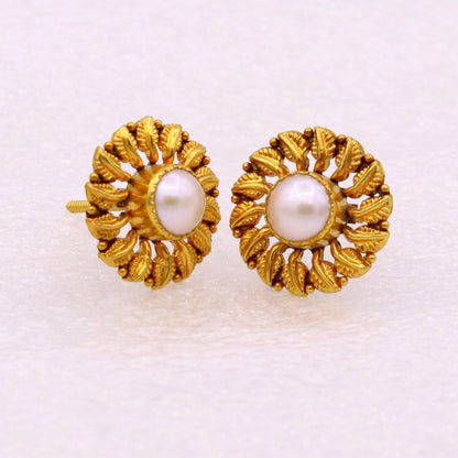 Vintage 22kt yellow gold flower and leaf stud earrings with pearl, handmade tribal jewelry from India by TRIBAL ORNAMENTS.