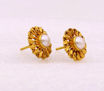 Vintage tribal 22kt yellow gold flower and leaf stud earrings with pearls, handmade Indian jewelry by TRIBAL ORNAMENTS.