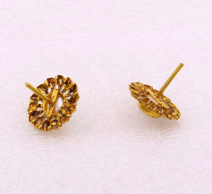 Vintage 22Kt yellow gold flower and leaf stud earrings with pearls, handmade tribal jewelry from India.