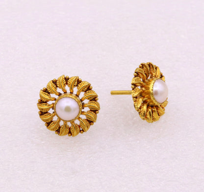 Vintage 22kt yellow gold flower and leaf design stud earrings with pearls, handmade tribal jewelry from India.