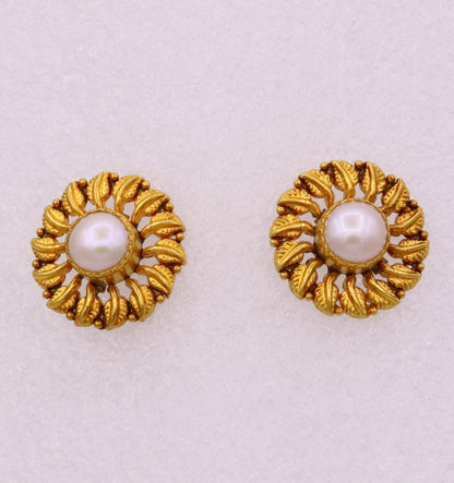 Vintage 22Kt yellow gold flower and leaf stud earrings with pearls, handcrafted tribal jewelry from India by TRIBAL ORNAMENTS.