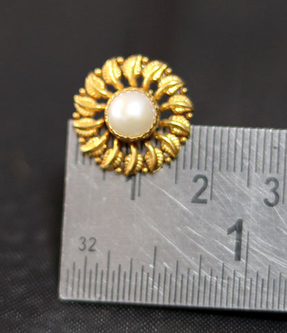 Vintage 22kt yellow gold flower and leaf design stud earrings with pearls, handcrafted tribal jewelry from India.