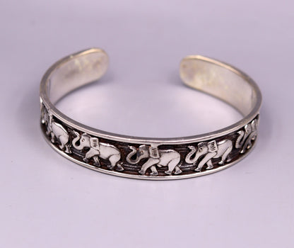 Sterling silver elephant design adjustable bangle cuff bracelet by TRIBAL ORNAMENTS, unisex Indian jewelry with vintage antique style