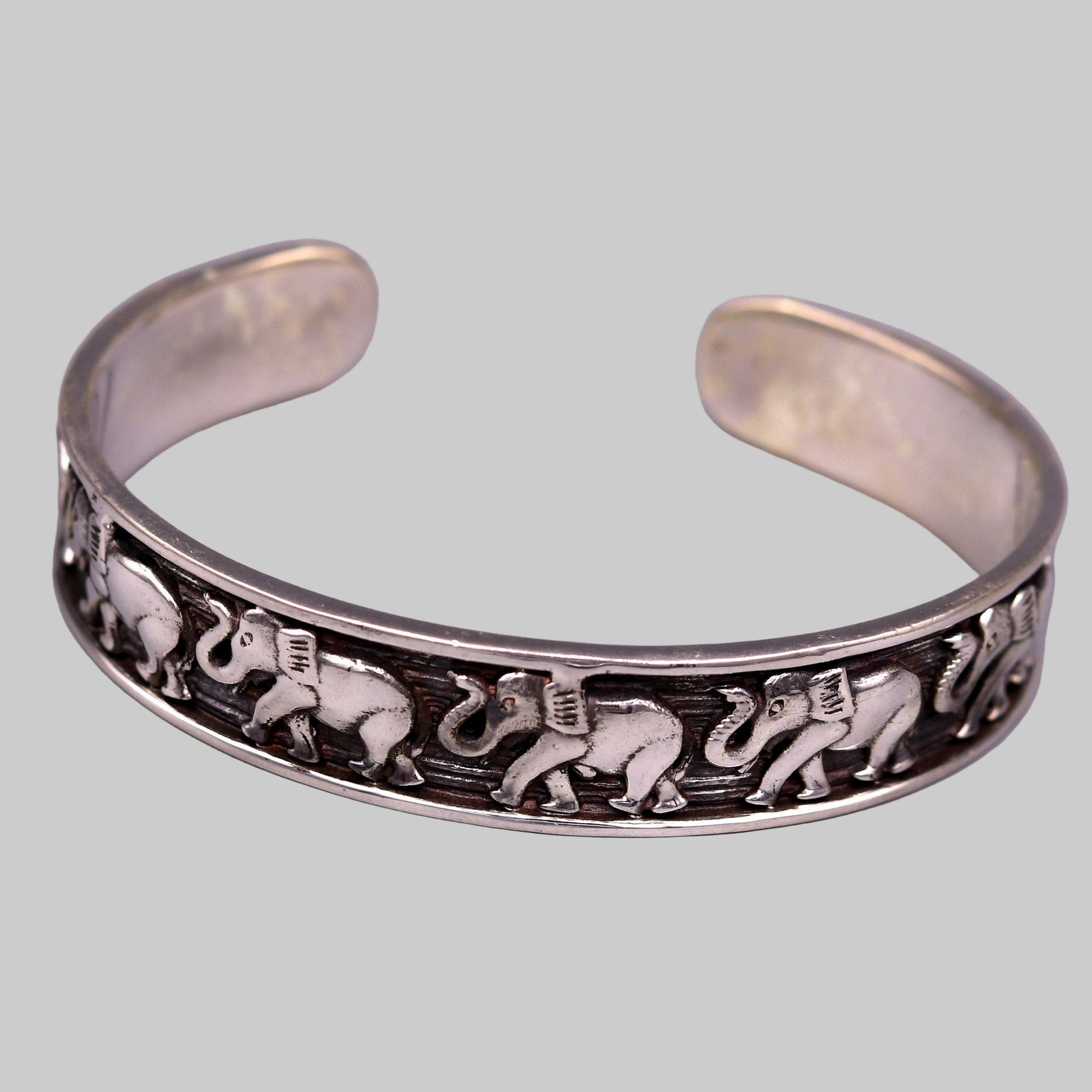 Vintage 925 sterling silver elephant design adjustable bangle cuff from Tribal Ornaments, unisex Indian jewelry bracelet.