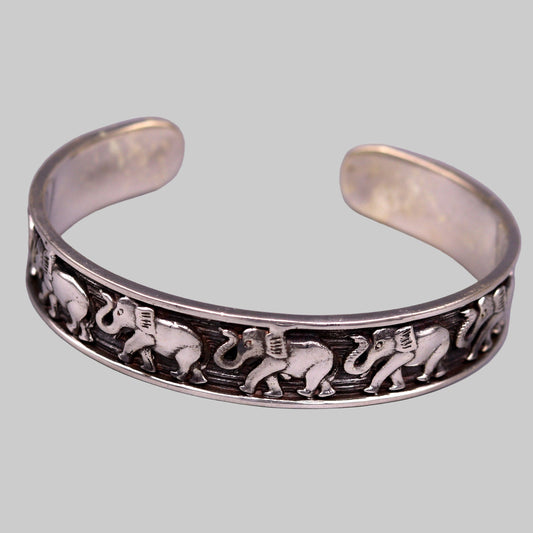 Vintage 925 sterling silver elephant design adjustable bangle cuff from Tribal Ornaments, unisex Indian jewelry bracelet.