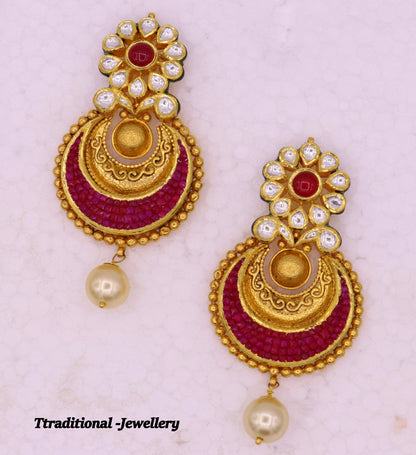 Vintage handmade 22kt yellow gold Kundan stone Jadau earrings by Tribal Ornaments, featuring intricate antique design for women.