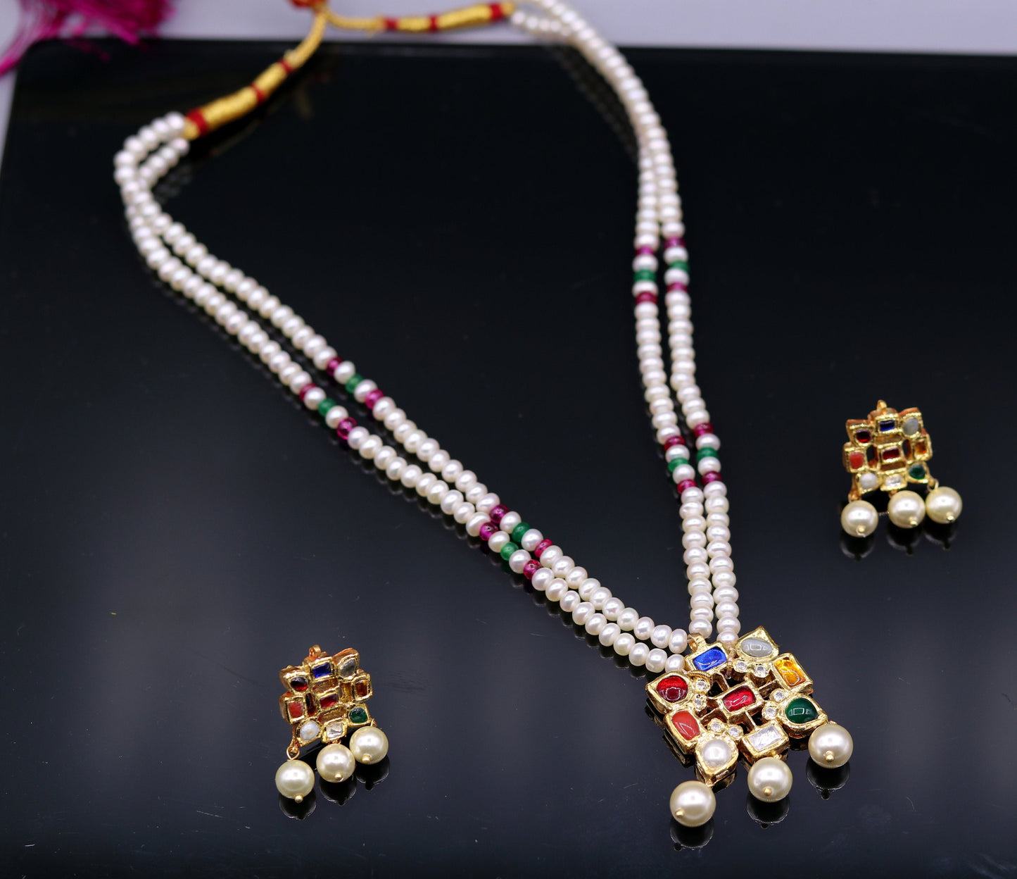 Vintage antique design handmade 22kt yellow gold navratan stone kundan jadau necklace pendant set with earrings tribal jewelry india - TRIBAL ORNAMENTS