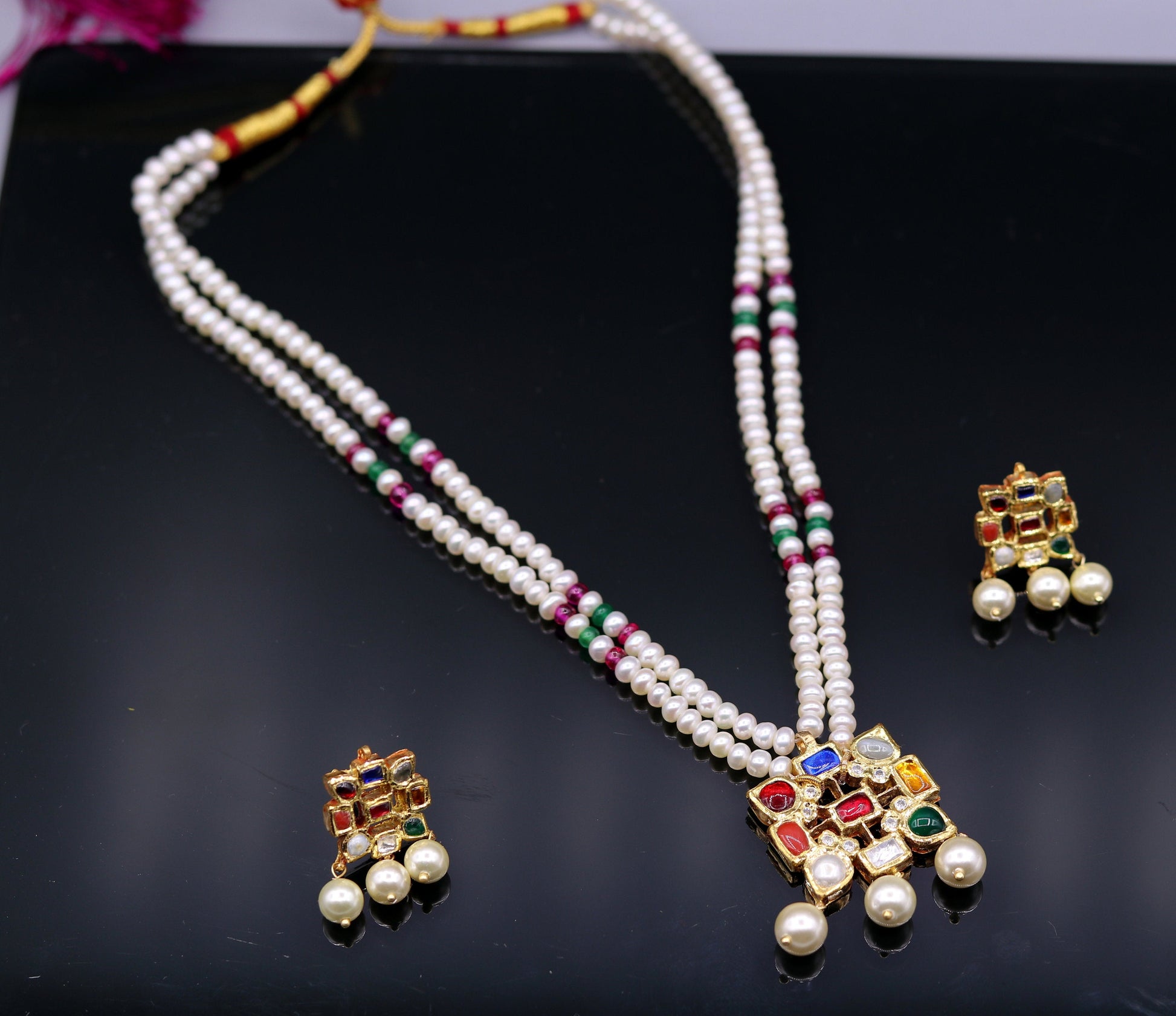 Vintage antique design handmade 22kt yellow gold navratan stone kundan jadau necklace pendant set with earrings tribal jewelry india - TRIBAL ORNAMENTS