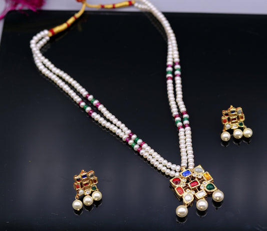 Vintage antique design handmade 22kt yellow gold navratan stone kundan jadau necklace pendant set with earrings tribal jewelry india - TRIBAL ORNAMENTS