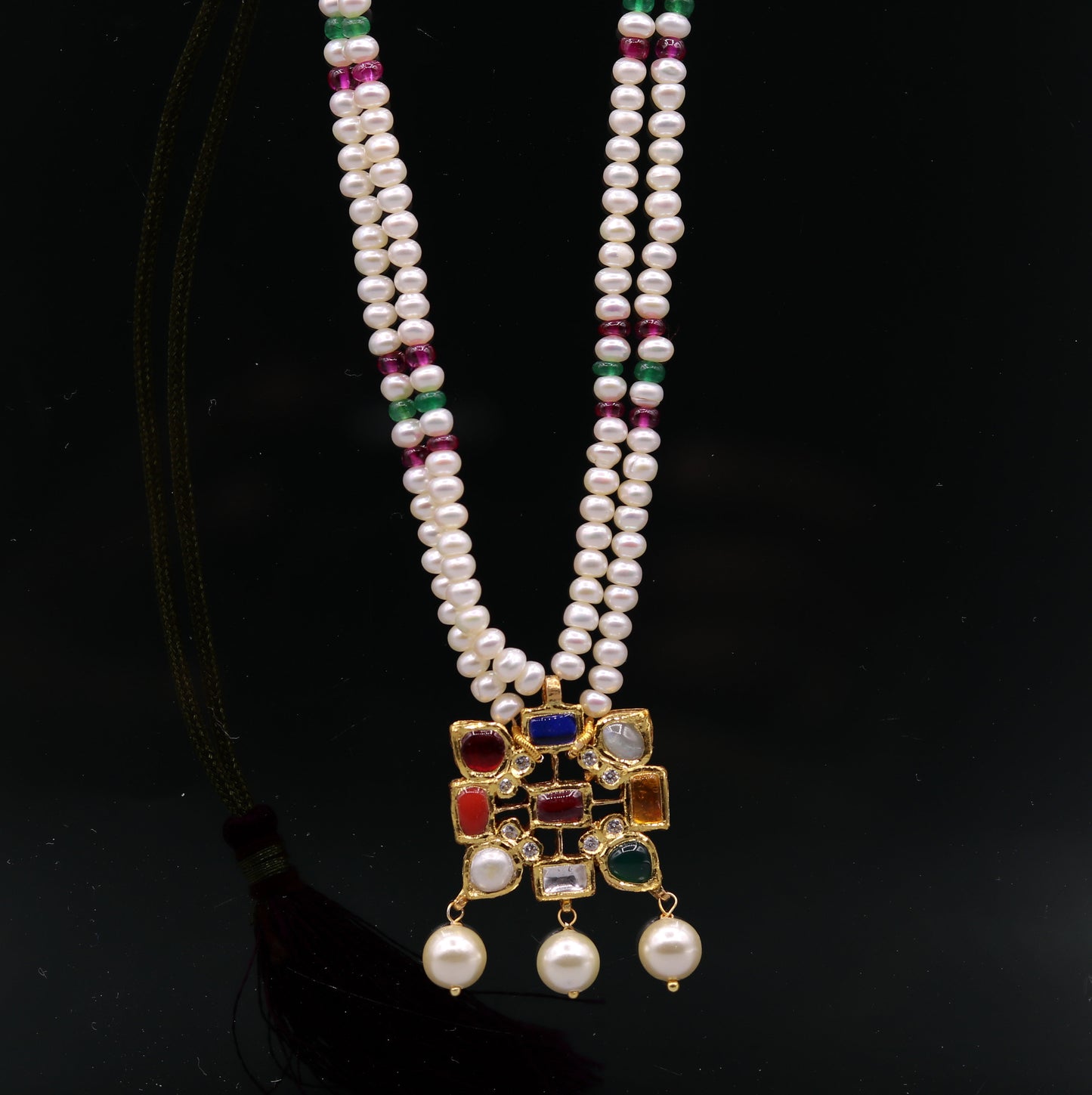 Vintage antique design handmade 22kt yellow gold navratan stone kundan jadau necklace pendant set with earrings tribal jewelry india - TRIBAL ORNAMENTS