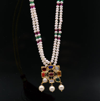 Vintage antique design handmade 22kt yellow gold navratan stone kundan jadau necklace pendant set with earrings tribal jewelry india - TRIBAL ORNAMENTS